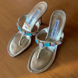 Manolo Blahnik Gold Bejeweled Heeled Sandals